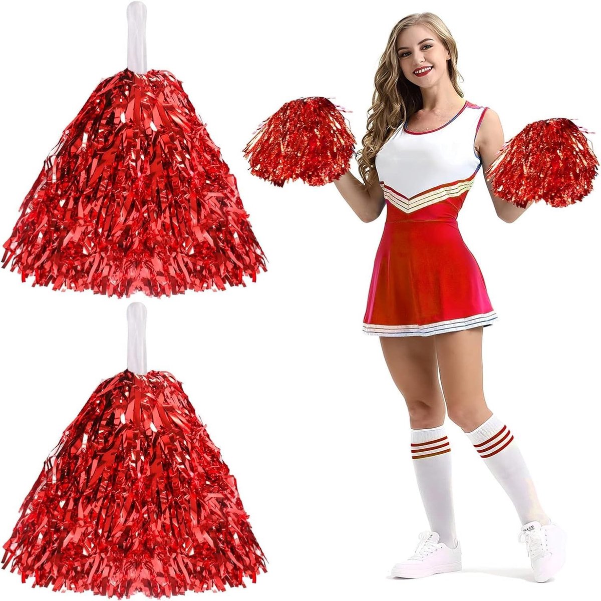 Cheerleader Pompoms met Handvat voor Sportevenementen, Dansfeesten en Ball Games - Rood Foil