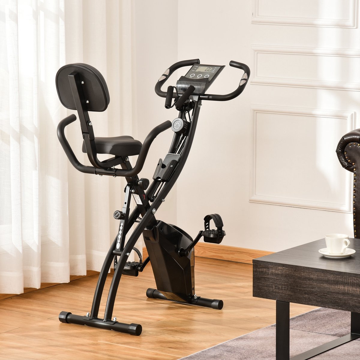 COVREO Opvouwbare hometrainer met LCD-display – 105x48x118 cm – Stalen trainer met rugleuning – Voor thuisgebruik en bovenlichaam – Zwart
