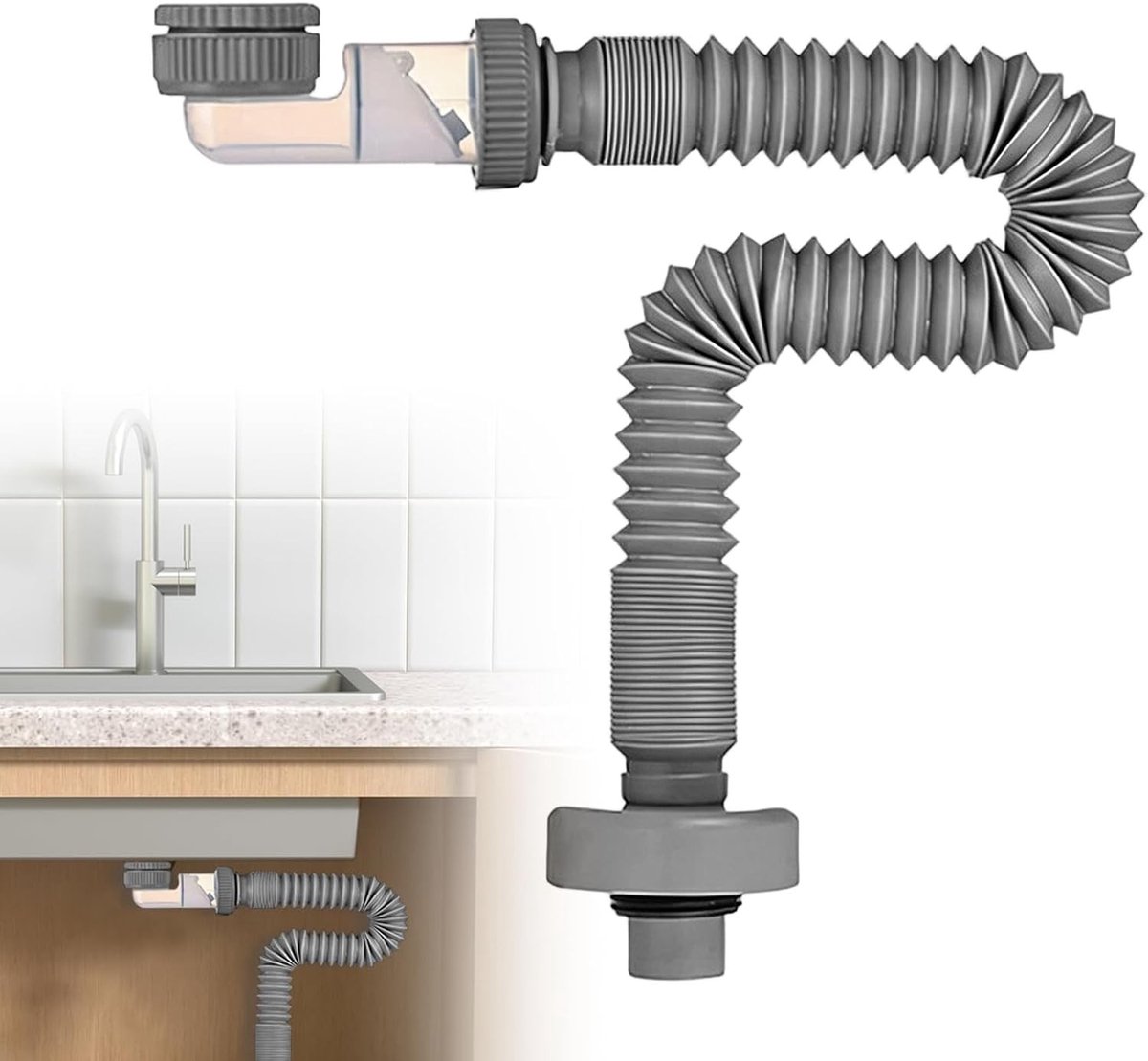 Sifon 1/4 Inch en 1/2 Inch, Ruimtebesparende Sifon met 360° Verstelbaarheid, Afvoerbuis voor Keuken, Badkamer en Wasmachine met Geurafsluiting en Flexibele Afvoerslang