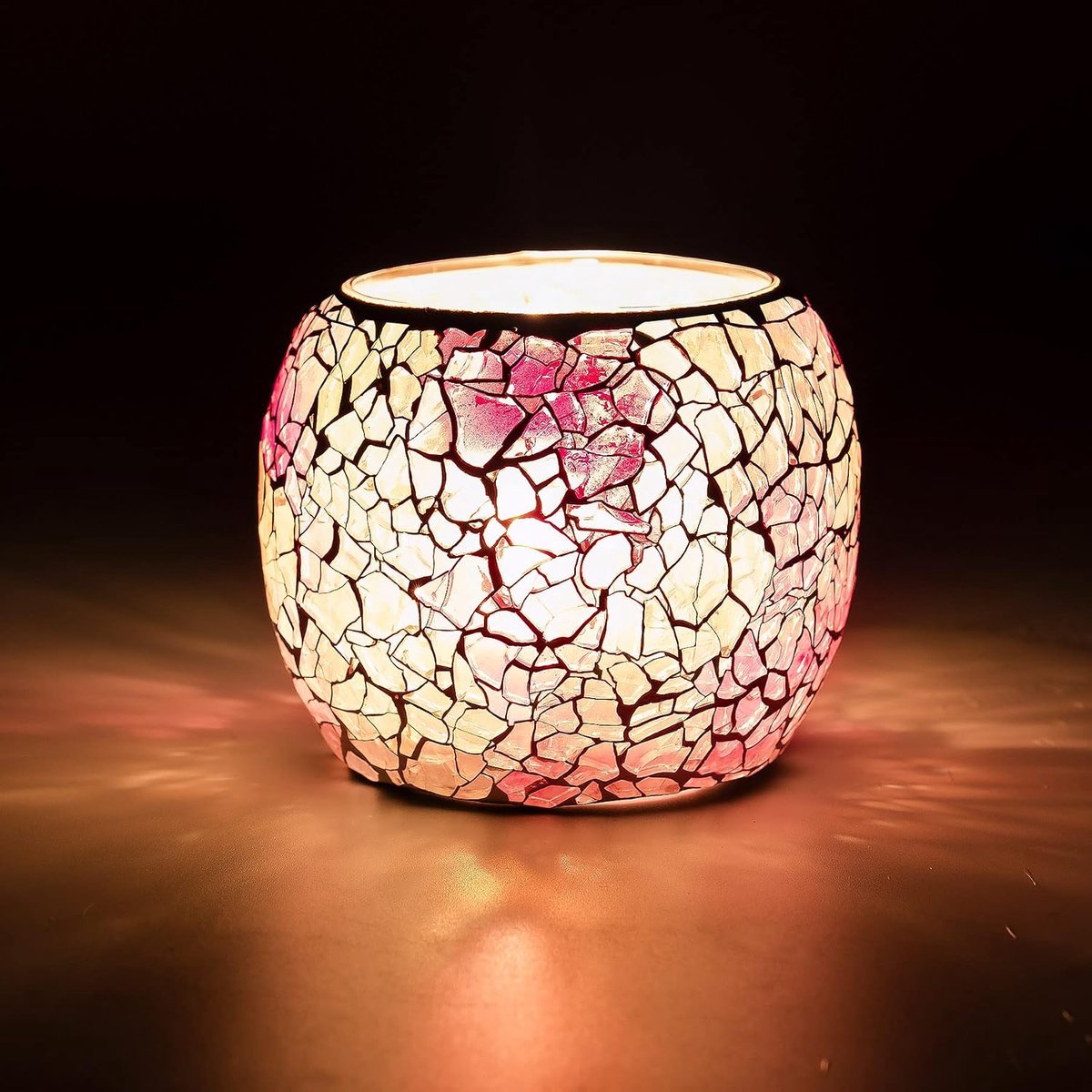 Theelichthouder - Glas - Handgemaakt - Met LED - Roze