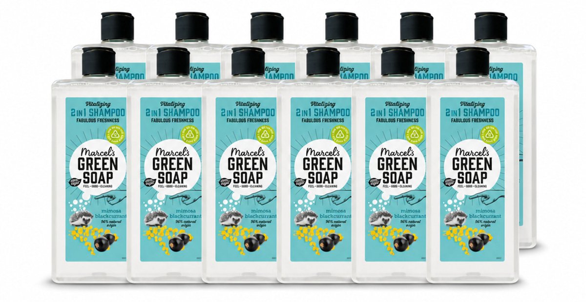 12 x Marcel's Green Soap - Shampoo & Conditioner 2-in-1 - Mimosa & Black Currant - Verzorging in één - 300 ml - Voordeelverpakking - 12 stuks