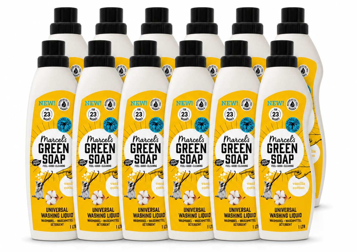 12 x Marcel's Green Soap - Vloeibaar Wasmiddel - Katoen & Vanille - Effectief & natuurlijk - 23 Wasbeurten - 1 Liter - Voordeelverpakking - 12 stuks