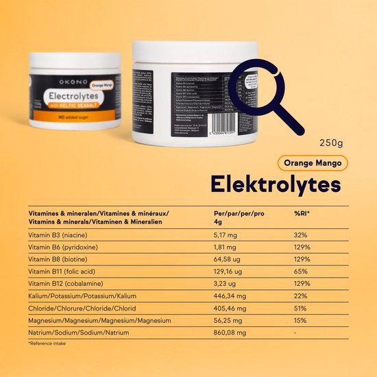 OKONO Electrolytes Orange Mango 250g pot met voedingsinformatie en een grafiek met vitamines en mineralen.