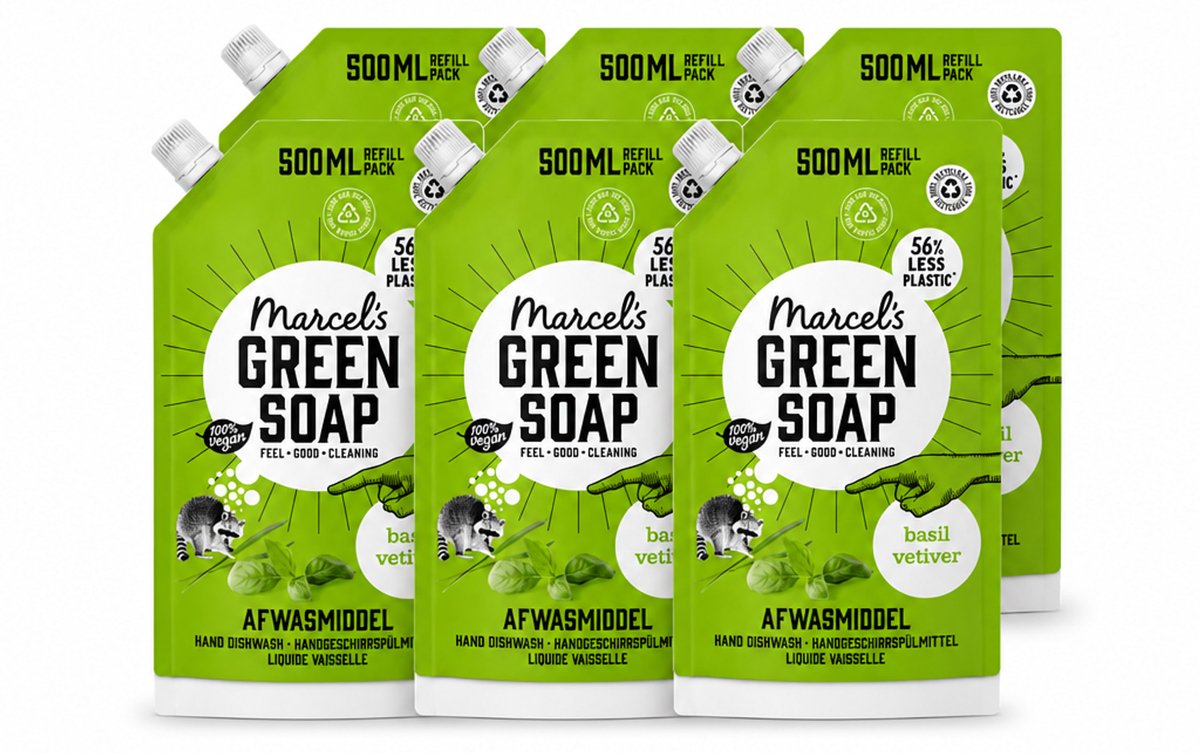 6 x Marcel's Green Soap - Navulling - Afwasmiddel - Basilicum & Vetiver Gras - Plantaardig & duurzaam - 500 ml - Voordeelverpakking - 6 stuks