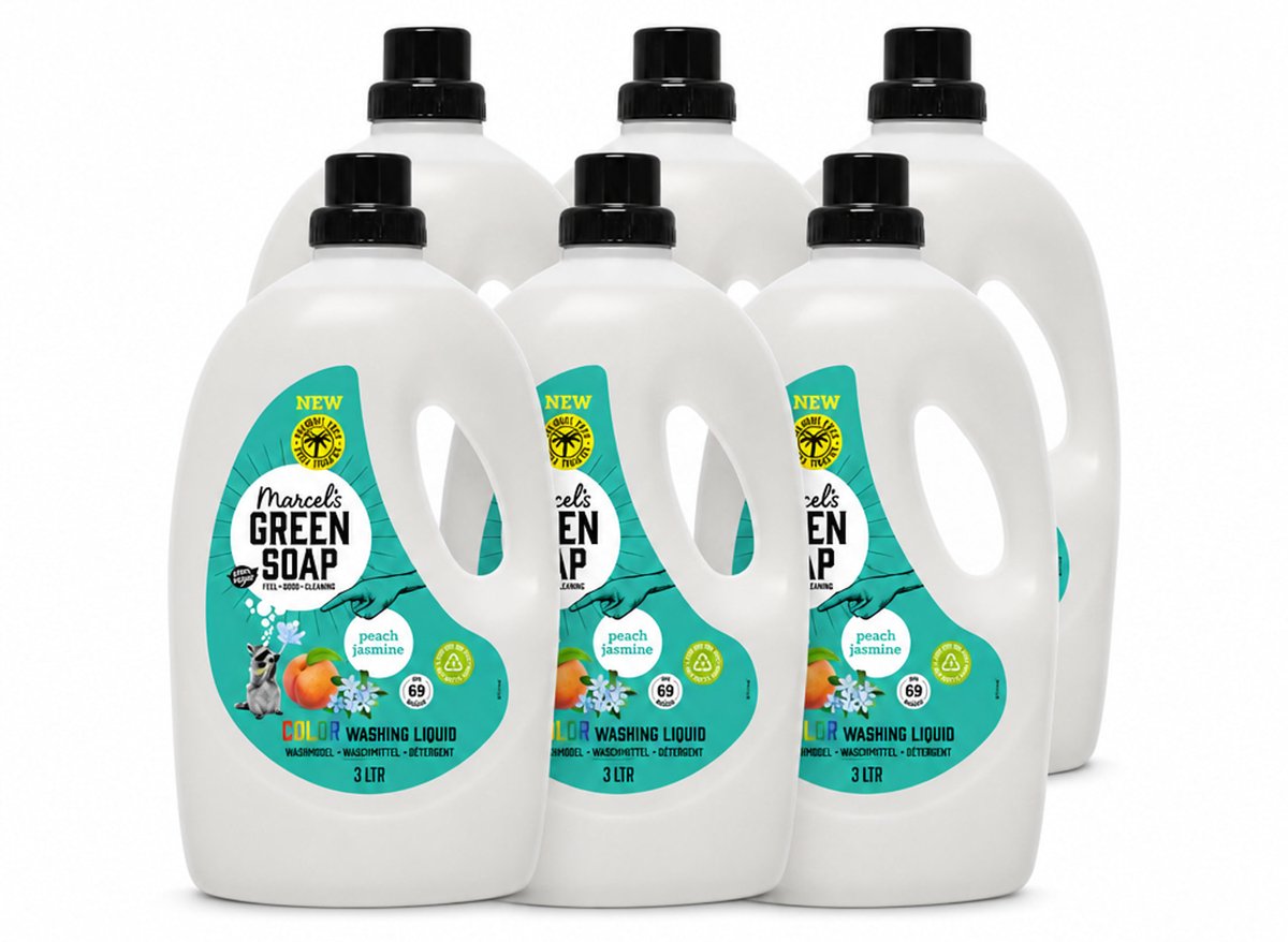 6 x Marcel's Green Soap - Vloeibaar Wasmiddel - Kleurwas - Perzik & Jasmijn - Natuurlijk & effectief - 69 wasbeurten - 3 liter - Voordeelverpakking - 6 stuks