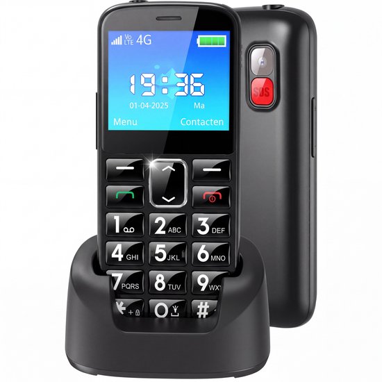 Zwarte Senzo seniorentelefoon met SOS-knop, 4G-verbinding en oplaadstation. Toont tijd, datum en contacten.