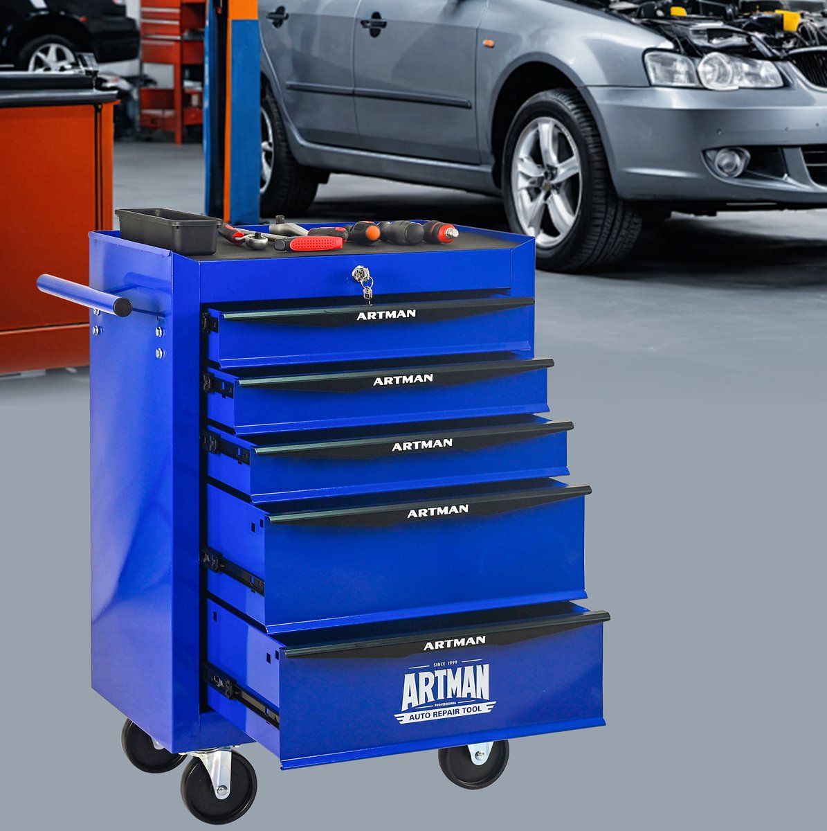 MODFU-Gereedschapskar-5 Lades-4 Zwenkwielen-Afsluitbaar-Handgreep-Staal-Zwart-Blauw