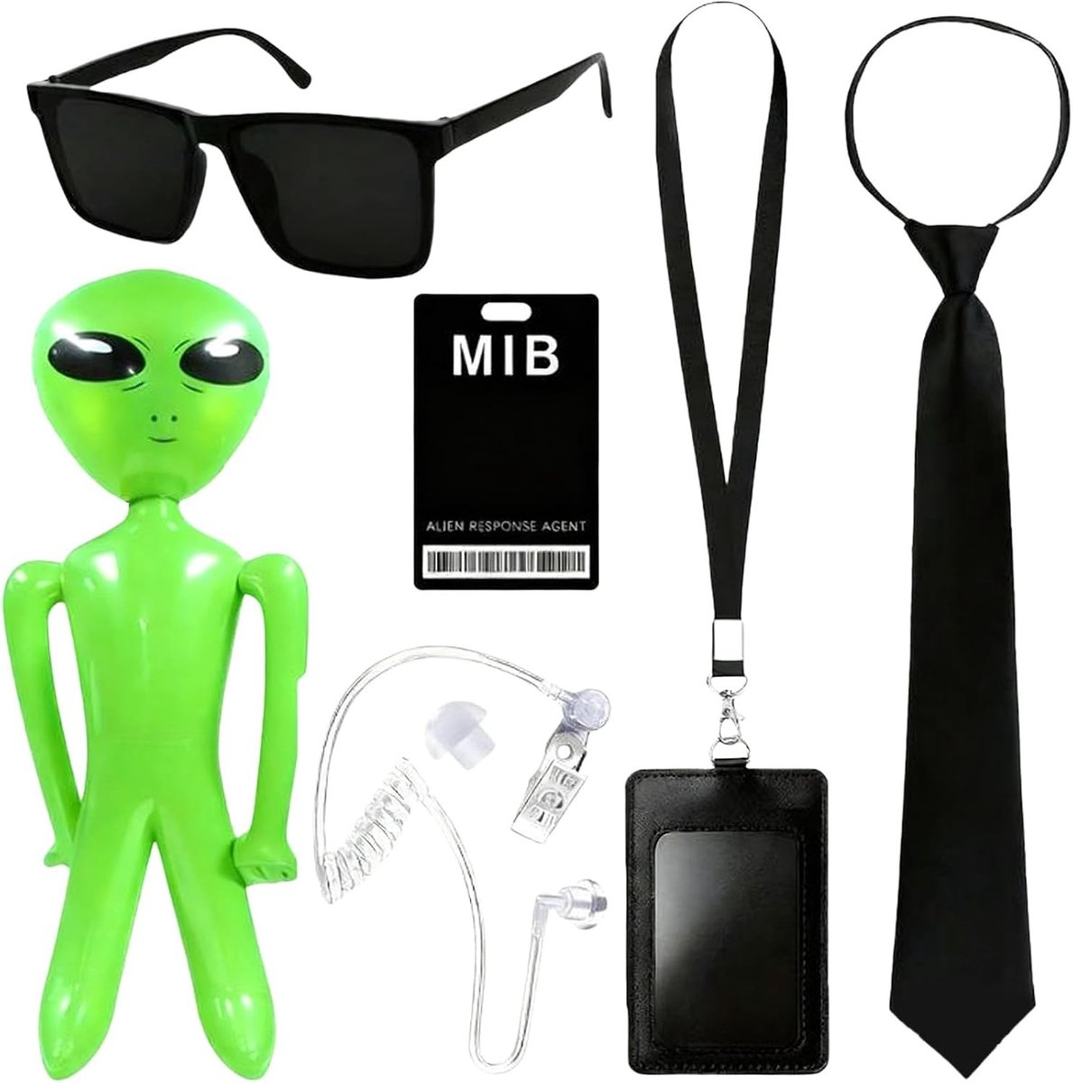 Geheime Spion in Zwart Kostuum - Opblaasbare Alien, Zwarte Stropdas, Piloten Zonnebril, ID Badge en Nep Oortelefoon voor Halloween Kostuum en Feestelijke Optredens