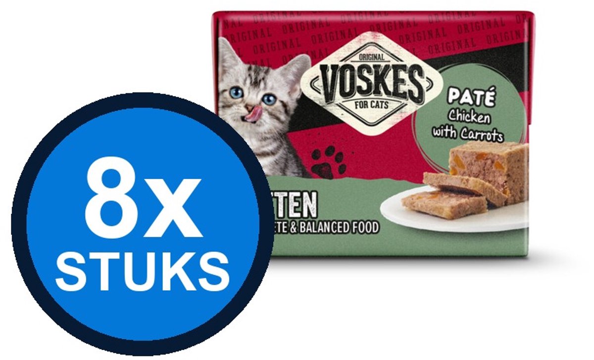 8x Voskes Original Paté Kitten Kip & Wortelen Multipack 8x95g - Kattenvoer Nat