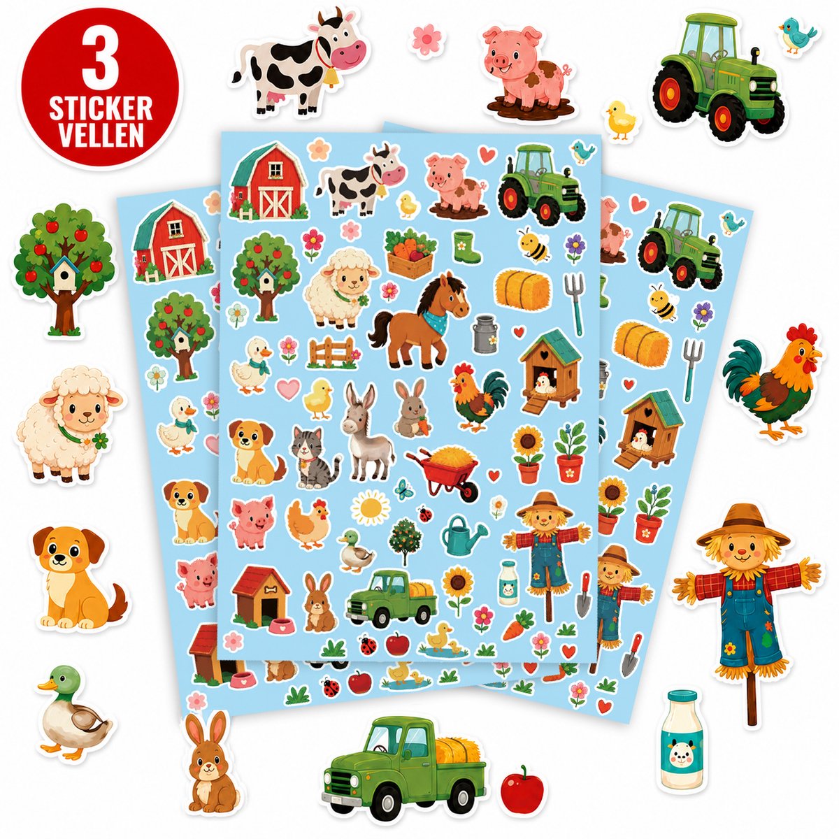 Boerderij Stickers - 3 Stickervellen - 204 Stickers voor Kinderen - Boerderijdieren