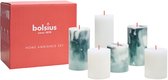 Bolsius Home Ambiance Set met 3 witte en 3 marmergroene kaarsen.