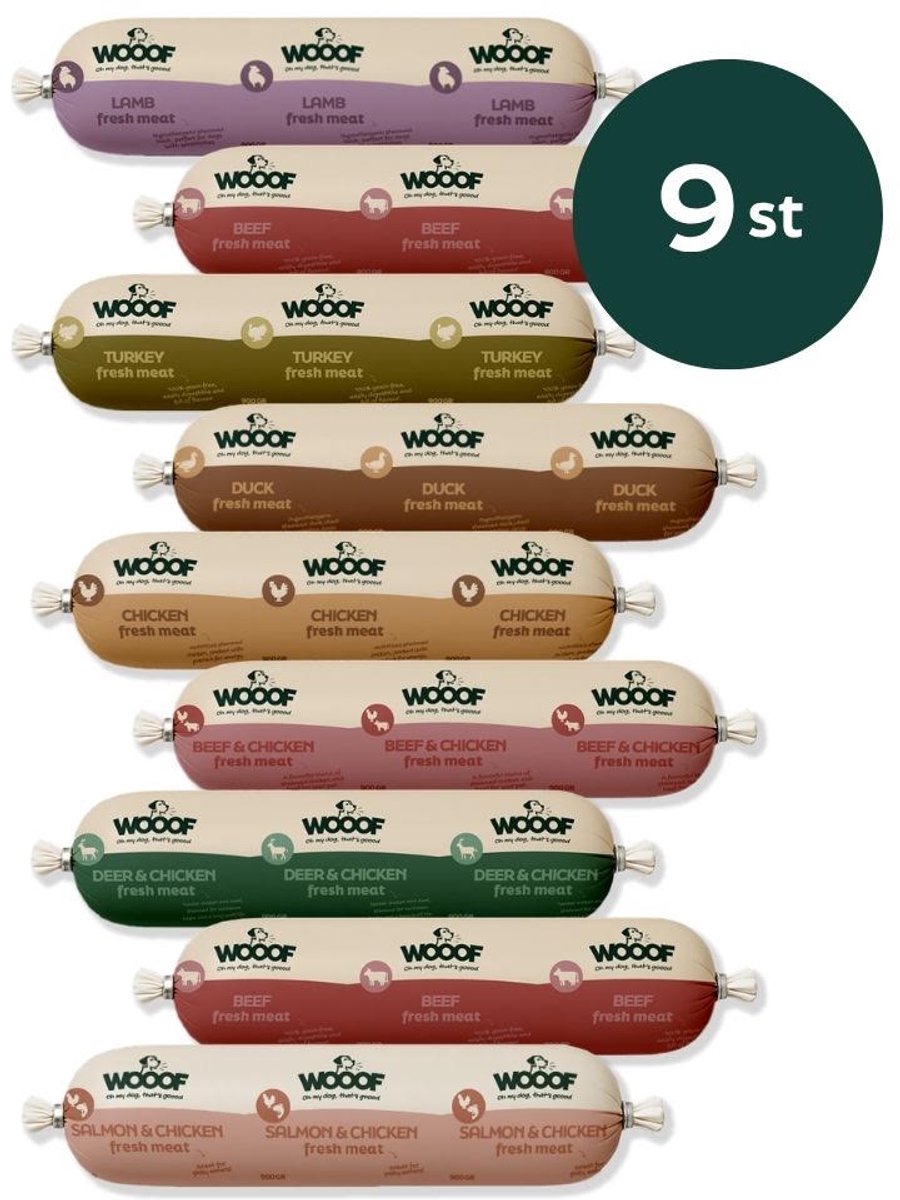 Bol.com WOOOF Honden worsten Pakket 9 Vers Vlees Worsten – Kip, Rund, Eend, Lam, Hert, Kalkoen, Zalm – Houdbaar Hondenvoer – 7,8kg aanbieding