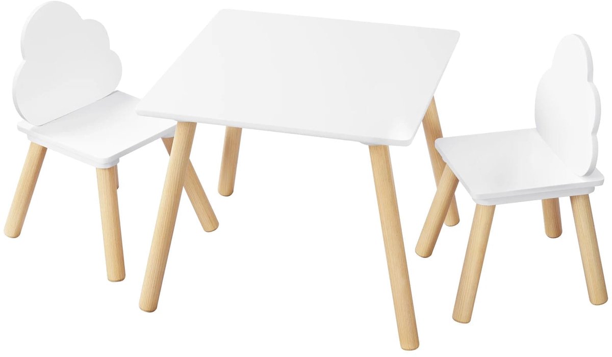 Klarven® Kindertafel met Stoelen Vierkant - Kindertafeltje Hout - Montessori Kindertafel - Kindertafel - Afgeronde hoeken, wolk-rugleuning - B52xh43,5xd52cm
