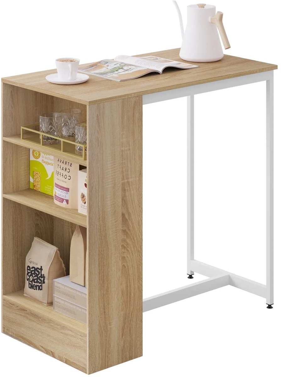 Klarven Bartafel wit Lichteiken + wit - Bartafel Keuken - Bartafel met Opbergruimte - Bar Table - Compact en Multifunctioneel, Stevig metalen frame, 3 planken, Gemakkelijk schoon te maken - Rechthoekig b91xd49xh91cm Lichteiken/wit