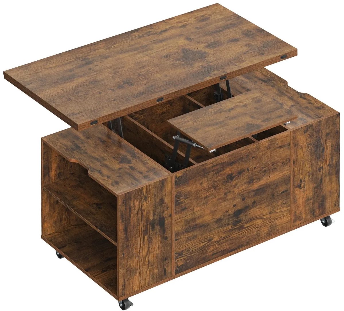 Klarven Koffietafel met Opbergruimte Rustiek bruin - Verstelbare Koffietafel - Salontafel - Uitschuifbaar Blad, Lade en Verborgen Vak, 5 Vergrendelbare Wielen - B100xd50xh53cm