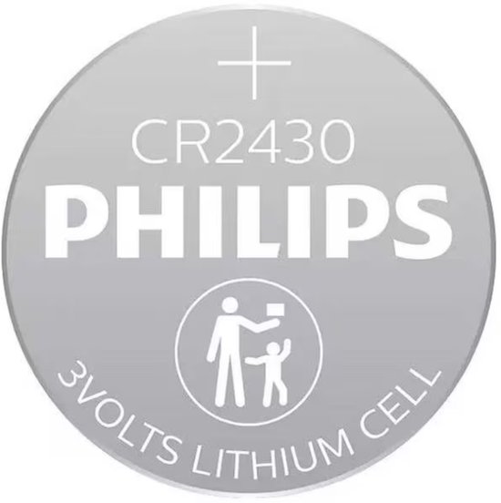 Grijze CR2430 Philips 3 Volt Lithium cel met kinderbeveiliging symbool.