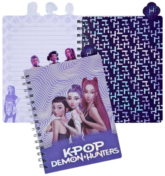 K-Pop Demon Hunters notitieboek met paarse, golvende lijnen en afbeelding van 3 meisjes.