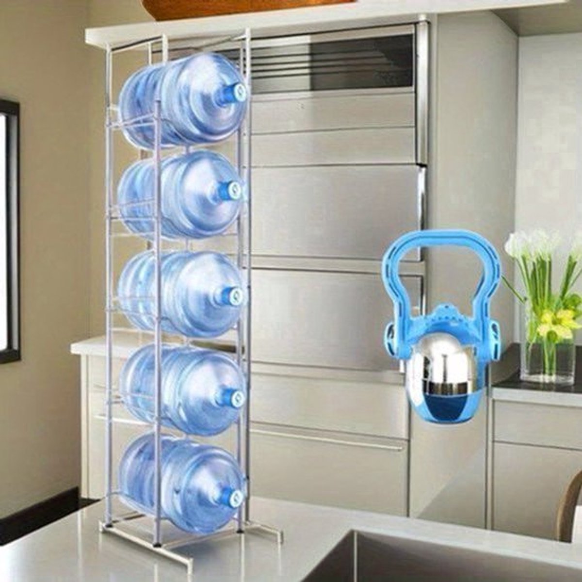 Waterfleshouder – Flessenrek – Drinkflessen Organizer – Flessenopberger – Vijfdelig – Stevige Zilveren Constructie – Duurzaam En Praktisch