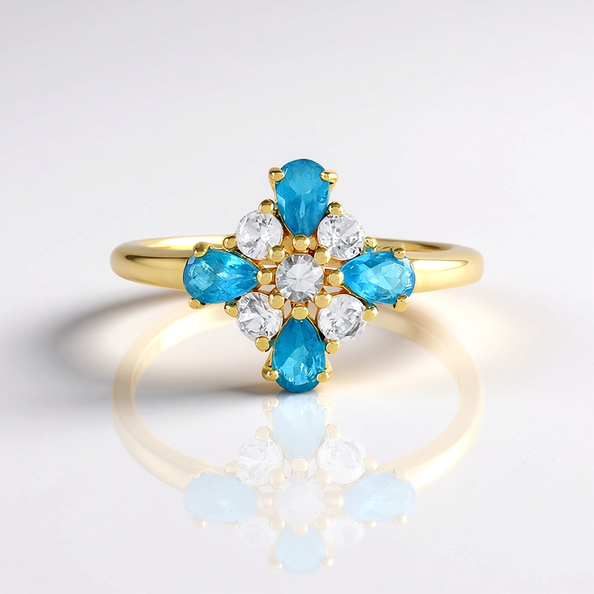 Cavill - 925 Sterling Zilver Vergulde Ring - Neon Blauwe Apatiet 0,70 ct & Zirkonia 0,36 ct - Elegante Bloem Design Ring
