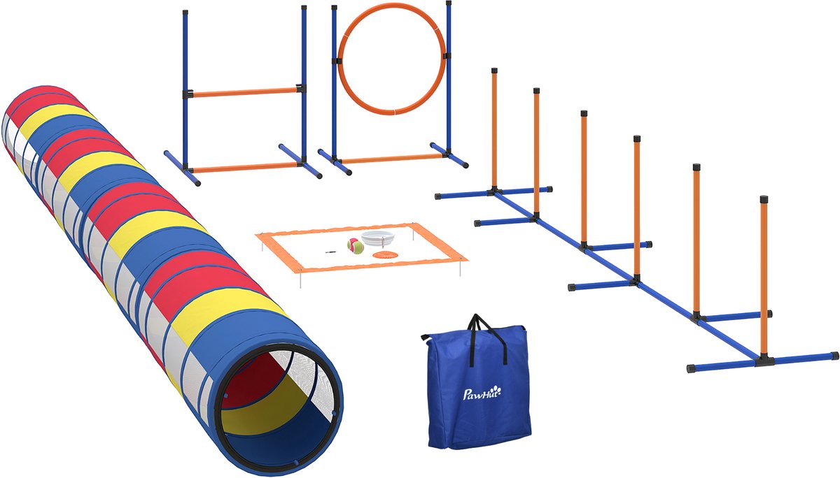 12 - delige behendigheidsset voor honden - 4 tunnels - verstelbare hindernissen - ring - slalomparcours - 357x65x68cm - meerkleurig