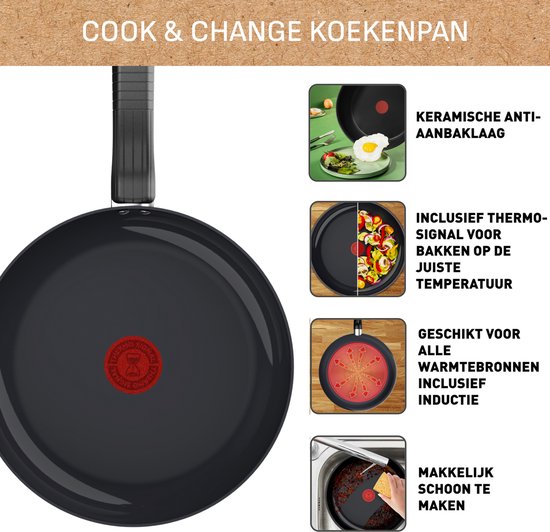 Zwarte Tefal koekenpan met keramische antiaanbaklaag en rode Thermo-Signal. Geschikt voor alle warmtebronnen, inclusief inductie.