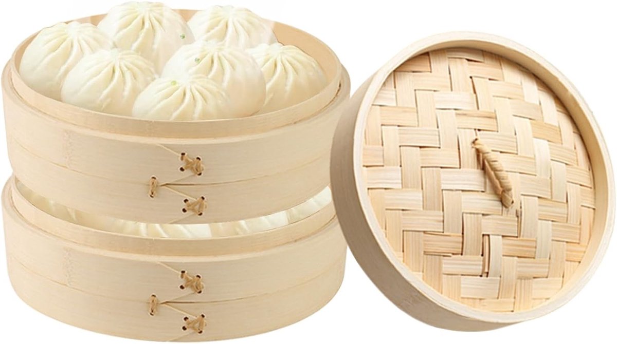 Bamboestoommandje met Deksel voor Dim Sum, Rijst, Groenten, Dumplings en Vlees - 2-laags Stoommandje (20 x 20 x 18.5cm)