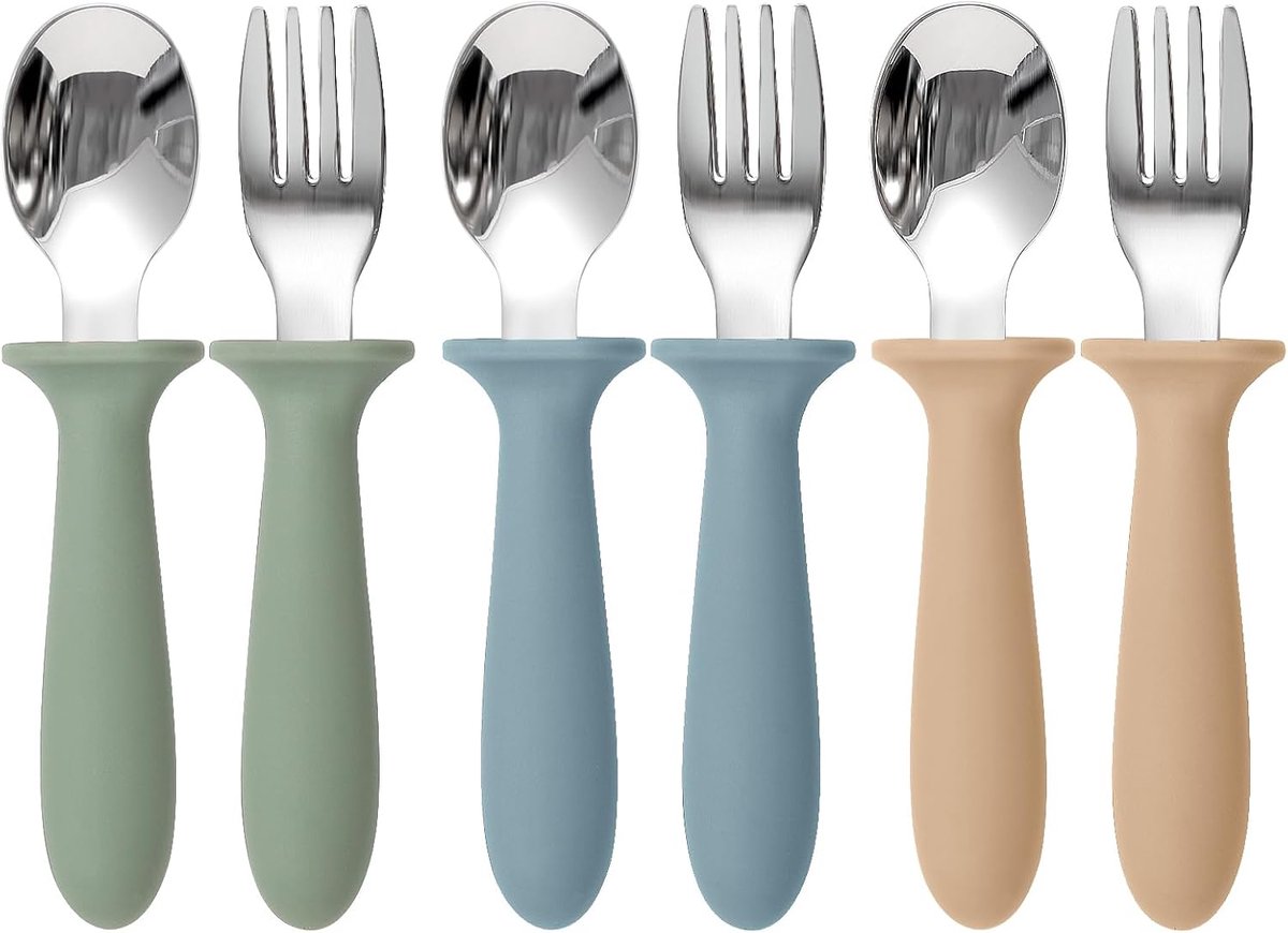 6 stuks‑baby lepel en vork‑leren zelf eten‑siliconen handvat‑meerkleurig‑makkelijk vast te houden‑14,2x3,2cm/14,2x2,6cm‑bruin + lichtblauw + legergroen