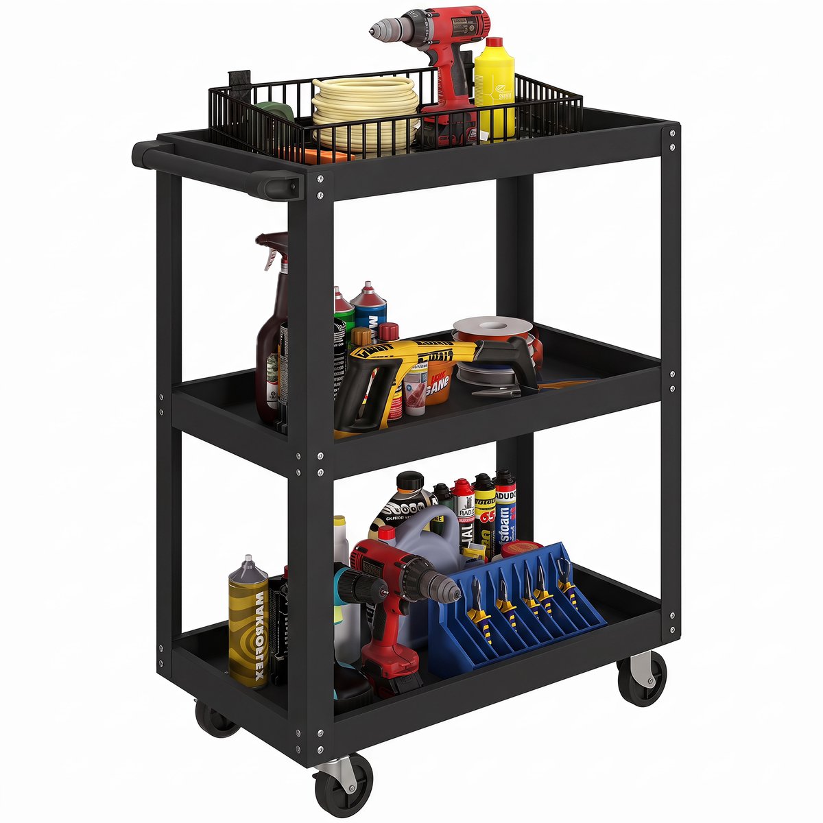 Werkplaatswagen met 3 niveaus - zijhandgreep en vergrendelbare wielen - 70 - 5x35x82 - 5 cm - zwart
