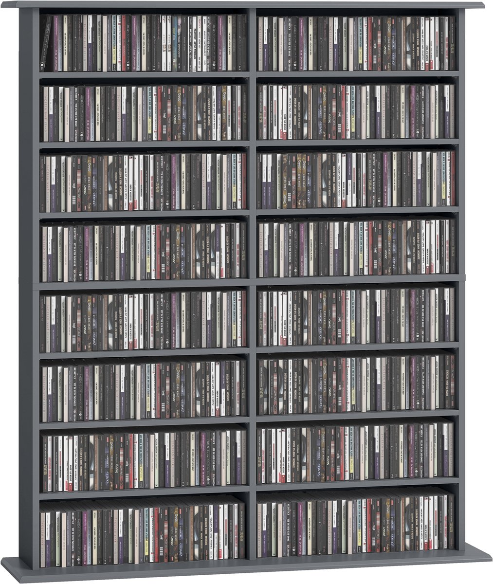CD - en DVD - opbergkast met 16 vakken en 12 verstelbare planken - maximale capaciteit 720 cd's/396 dvd's en Blu - rays - grijs