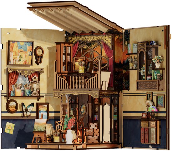 Lumann® Book Nook 344 stuks - Bouwpakketten volwassenen - Houten 3D Puzzel - DIY Bouwpakket Volwassenen en Volwassenen - Boekensteun - Boekenhouder - Miniatuur - A World Within The Frame
