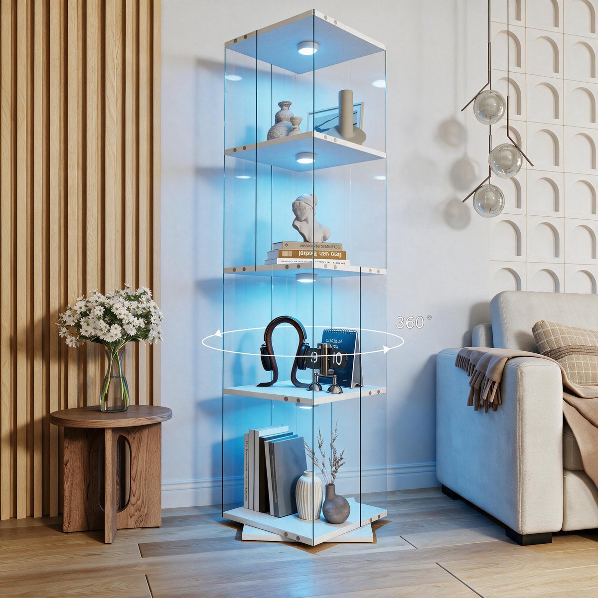 Vitrinekast in glas met LED‑verlichting, 360° draaibare staande vitrine met 4 legplanken, ESG‑veiligheidsglas, voor woonkamer en bar, 160 x 38 x 38 cm, wit