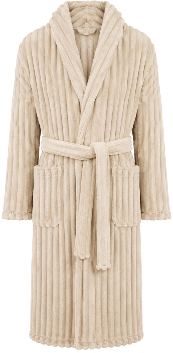 Relax Company Badjas Unisex Geribbelde Teddy Stof - Badjas Dames - Badjas Heren - Sjaalkraag - Fluweelzacht Fleece - Beige - Xl/XXL beige rib