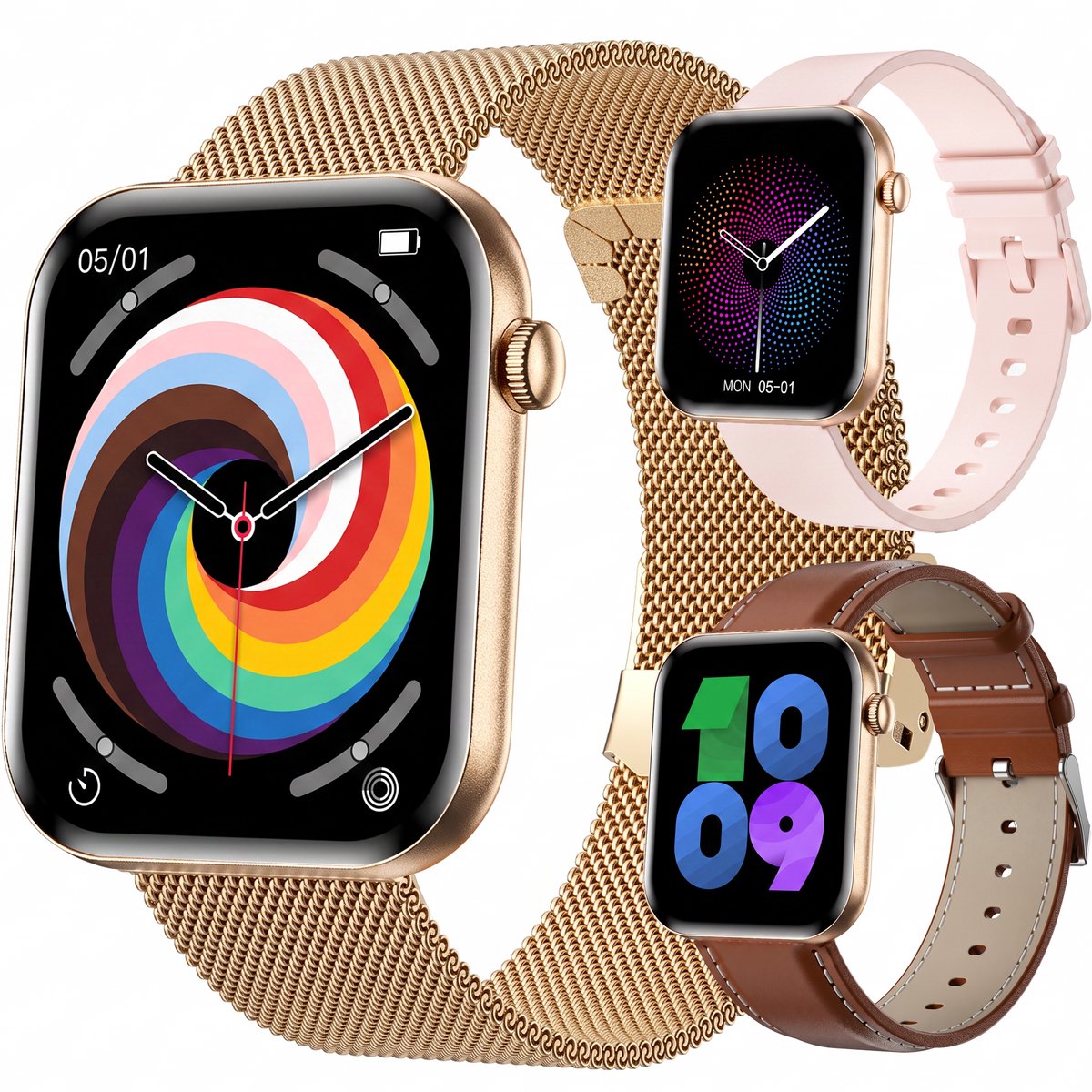Synyq Health Pro - Smartwatch Dames - 1.85”AMOLED - 3 Bandjes - Stappenteller - Hartslagmeter - Bloeddrukmeter - Slaapmonitor - Belfunctie - Multisport - Geschikt voor Android en iOS - Gold