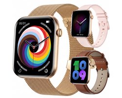 Synyq Health Pro - Smartwatch Dames - 1.85”AMOLED - 3 Bandjes - Stappenteller - Hartslagmeter - Bloeddrukmeter - Slaapmonitor - Belfunctie - Multisport - Geschikt voor Android en iOS - Gold