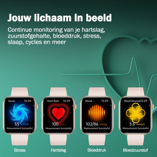 Gouden smartwatch met roze band, toont vier gezondheidsapps: stress, hartslag, bloeddruk en bloedsuiker.