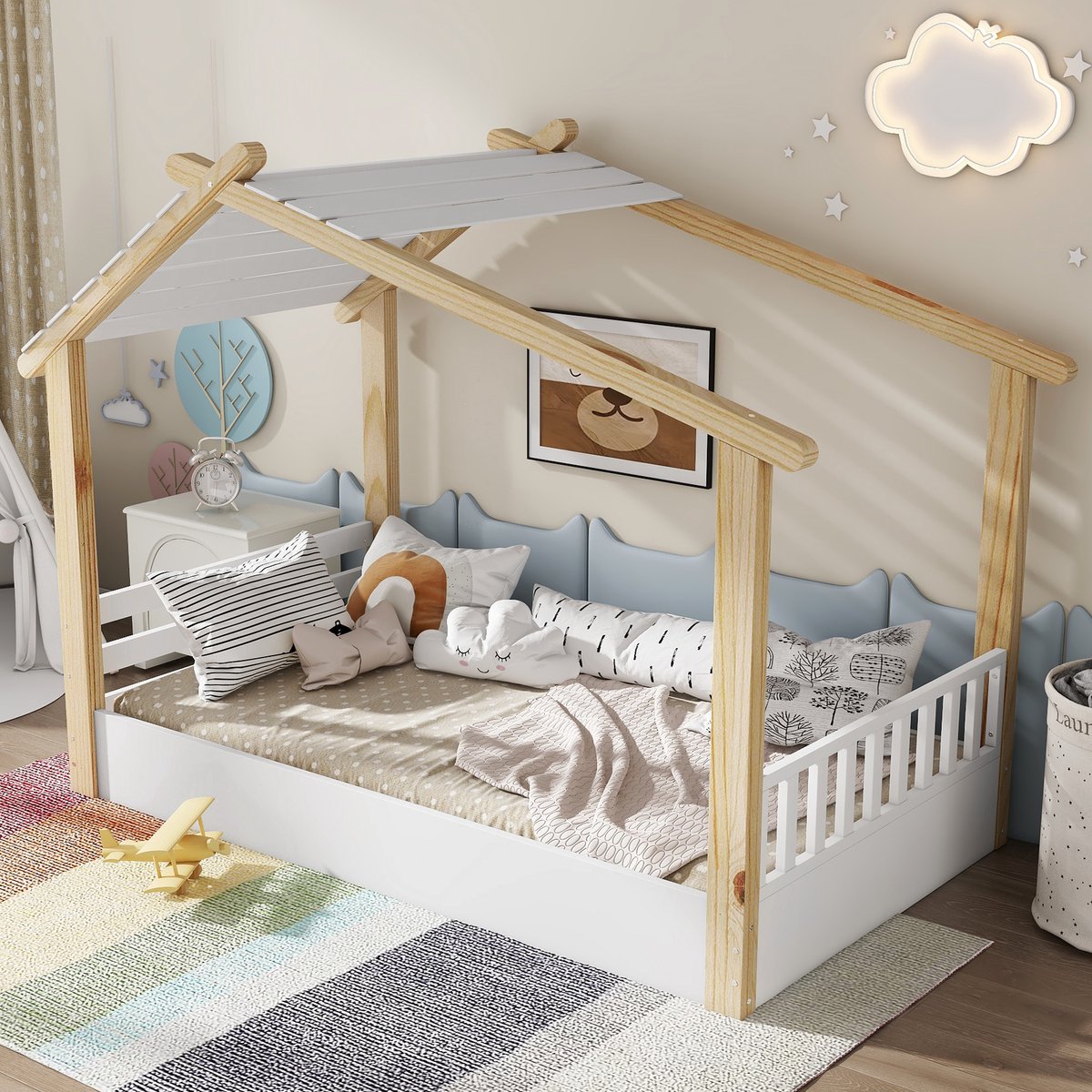 MUVANO Houten huisbed - Kinderbed 90x200 - Eenpersoonsbed wit natuur - Veilig speelbed - 90x200 cm - Slapen en rusten - Slaapkamer Wit Natuur