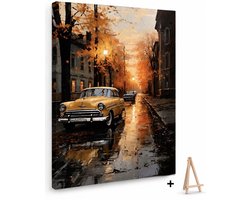 Schilderen op Nummer voor Volwassenen - Klassieke Gele Oldtimer in Herfststraat - Inclusief Houten Schilderezel - Op Frame 30x40 cm - 20 Kleuren Acrylverf