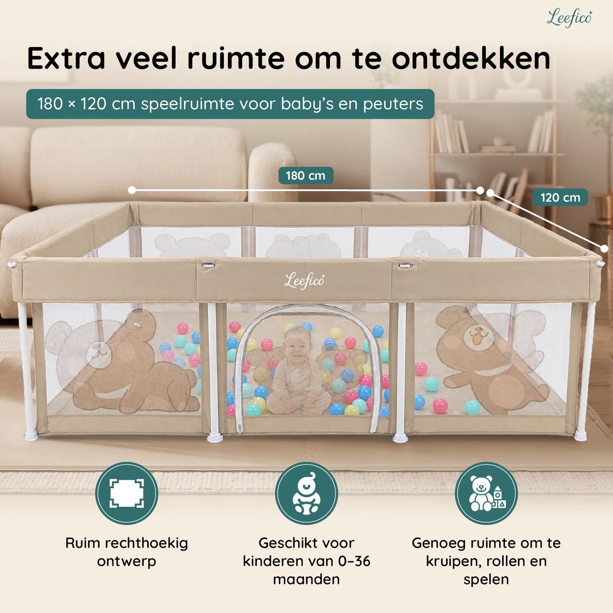 Leefico Grondbox Baby 180x120 cm - Zeer snel inklapbaar - Opvouwbare Baby Box met Speelmat - Speelbox - Kinderbox - Playpen Baby - Beer Patroon Beige – foto 5