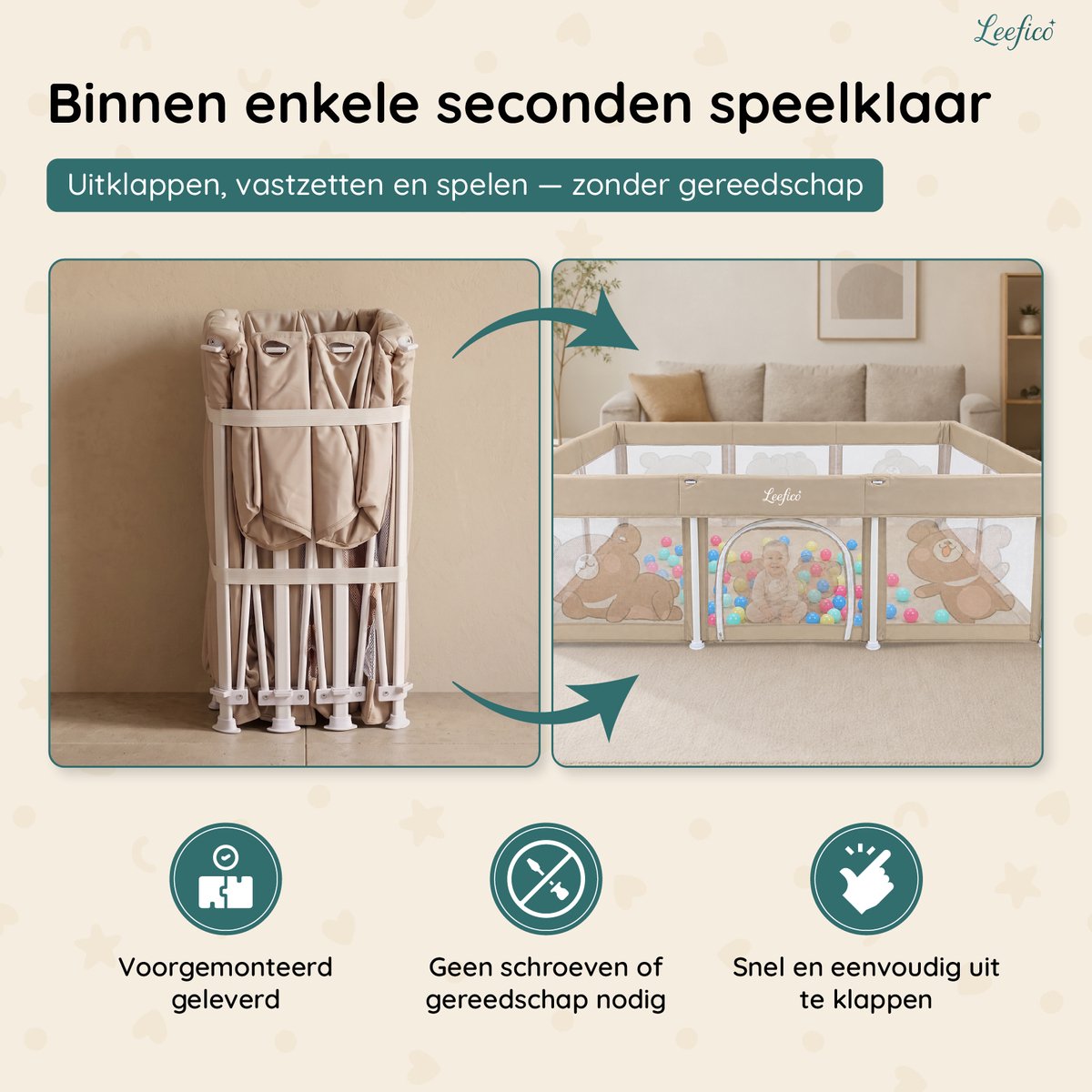 Leefico Grondbox Baby 180x120 cm - Zeer snel inklapbaar - Opvouwbare Baby Box met Speelmat - Speelbox - Kinderbox - Playpen Baby - Beer Patroon Beige – foto 4