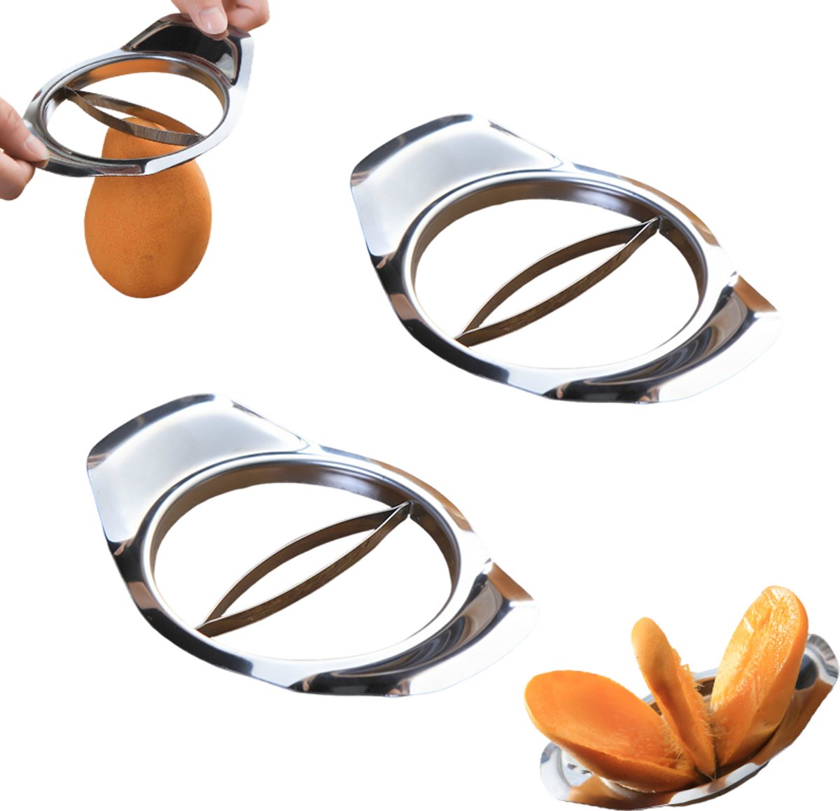 2 stuks - mangosnijder roestvrijstaal - mango snijder - Mangosplijter - Fruitverdeler - roestvrij staal 430 - 15,5 x 11 cm - zliver - met handgrepen - praktisch keukenhulpmiddel voor fruitbereiding