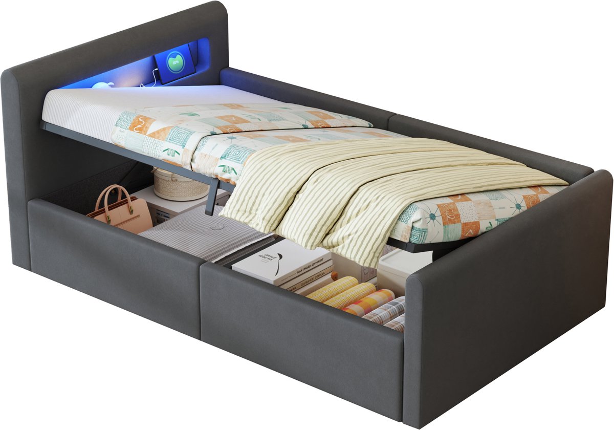 MUVANO Kinderbed 90x200 cm donkergrijs - Gestoffeerd eenpersoonsbed van fluweel - Met hydraulische opbergruimte - LED en USB - Slaapkamer
