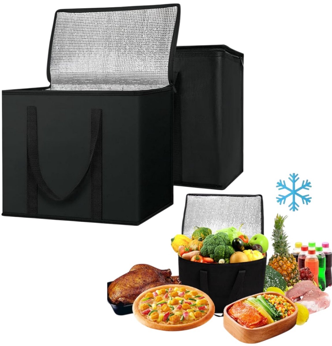 2 stuk - Geïsoleerde boodschappentas - Ritssluiting - Koelbox voor bento - Koeltas voor etenswaren - 40,5*23*33 cm - Voor het bewaren en vers houden van etenswaren tijdens het winkelen - Zwart
