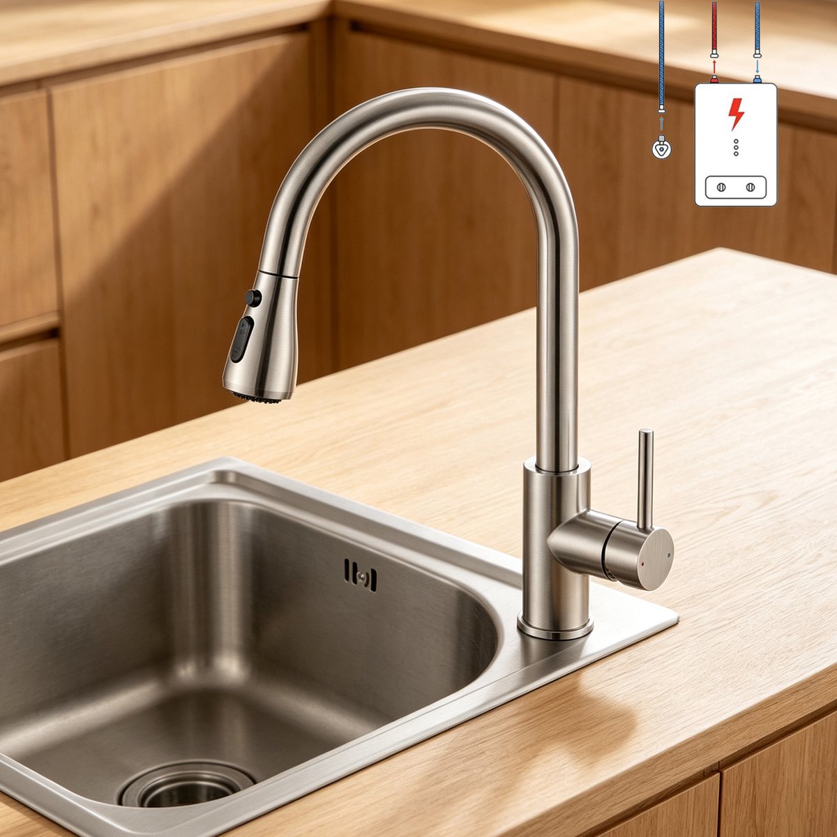 CECIPA Max Keukenkraan met Uittrekbare uitloop - Lage Druk Keukenkraan - Keukenkraan Geborsteld Zilver - Handdouche - 3 Waterafvoermodi - Keukenmengkraan