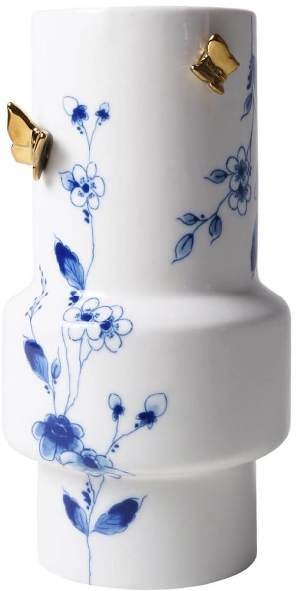 Heinen Delfts Blauw Vaas Cilinder 3D Vlinders - Vlindergoud - Keramiek - 21 cm