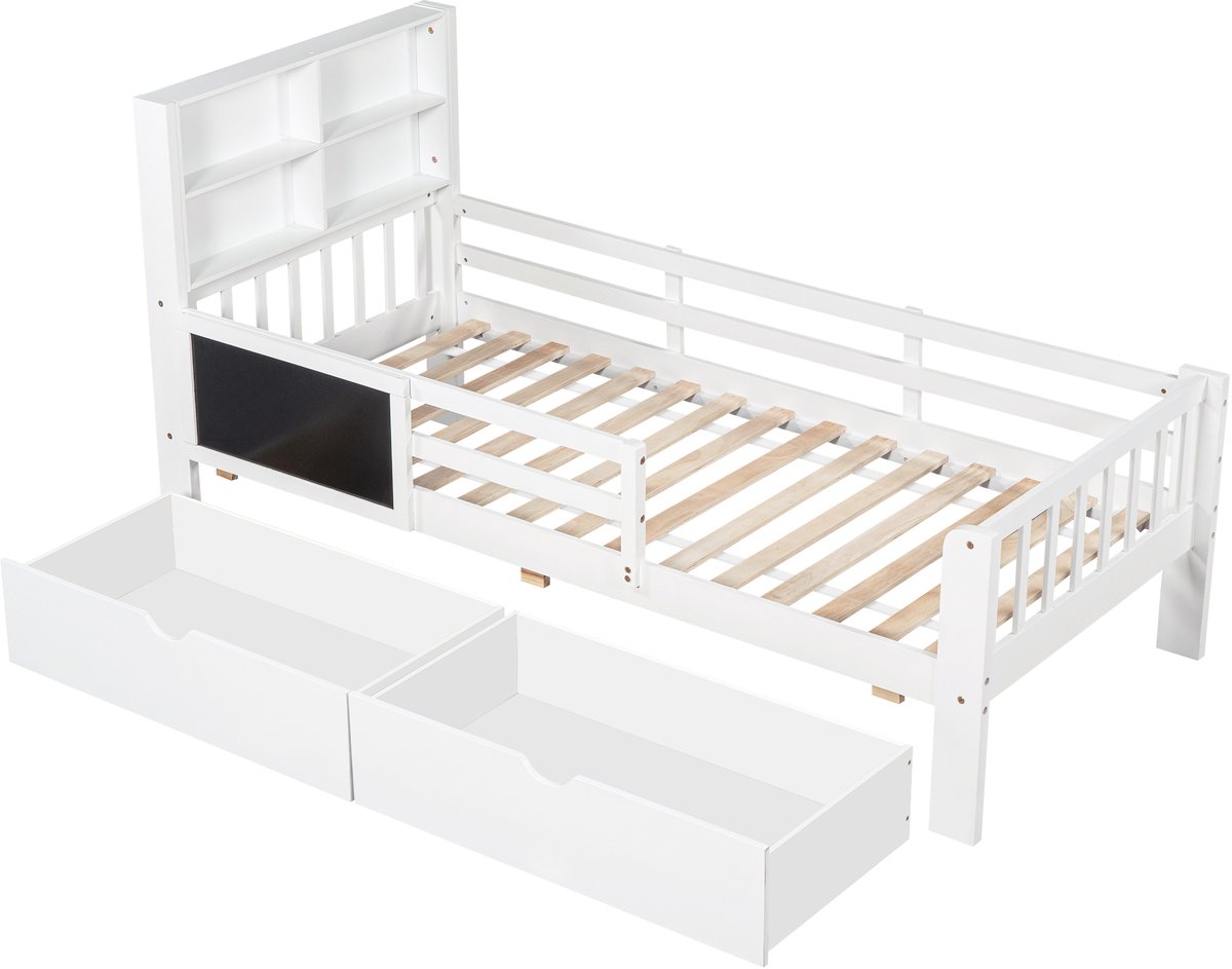 MUVANO Kinderbed 90x200 Wit - Kinderbed Met Lades - Bed Met Krijtbord - Met Uitvalbeveiliging - 90x200 cm - Opbergruimte - Slaapkamer Wit