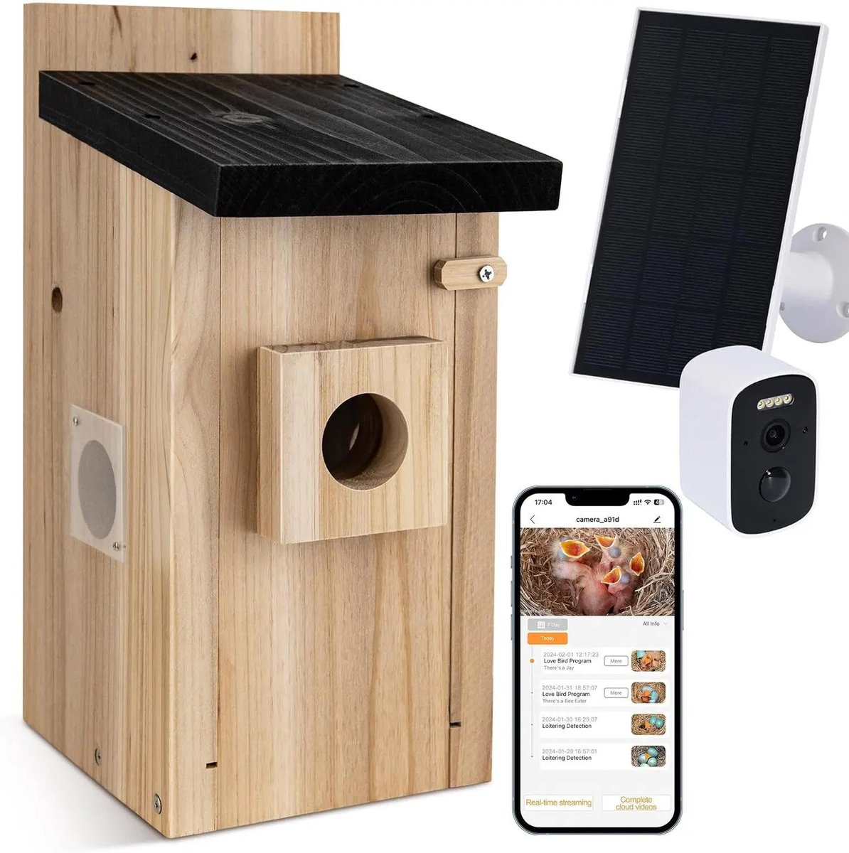 Homezo vogelhuisje met camera - Nestbox - Smartphone app - Microfoon - Weerbestendig IP66 - 32,5x15x15 cm )hxbxd) - Kabel 2 mtr