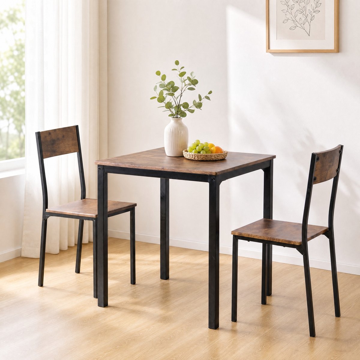 OKWISH Eettafelset – Vierkante Eettafel Met 2 Stoelen – Ruimtebesparend Stoelen Onder Tafel – 70×70×75 cm – Vintage Stijl – MDF/PVC+Metaal – Bruin