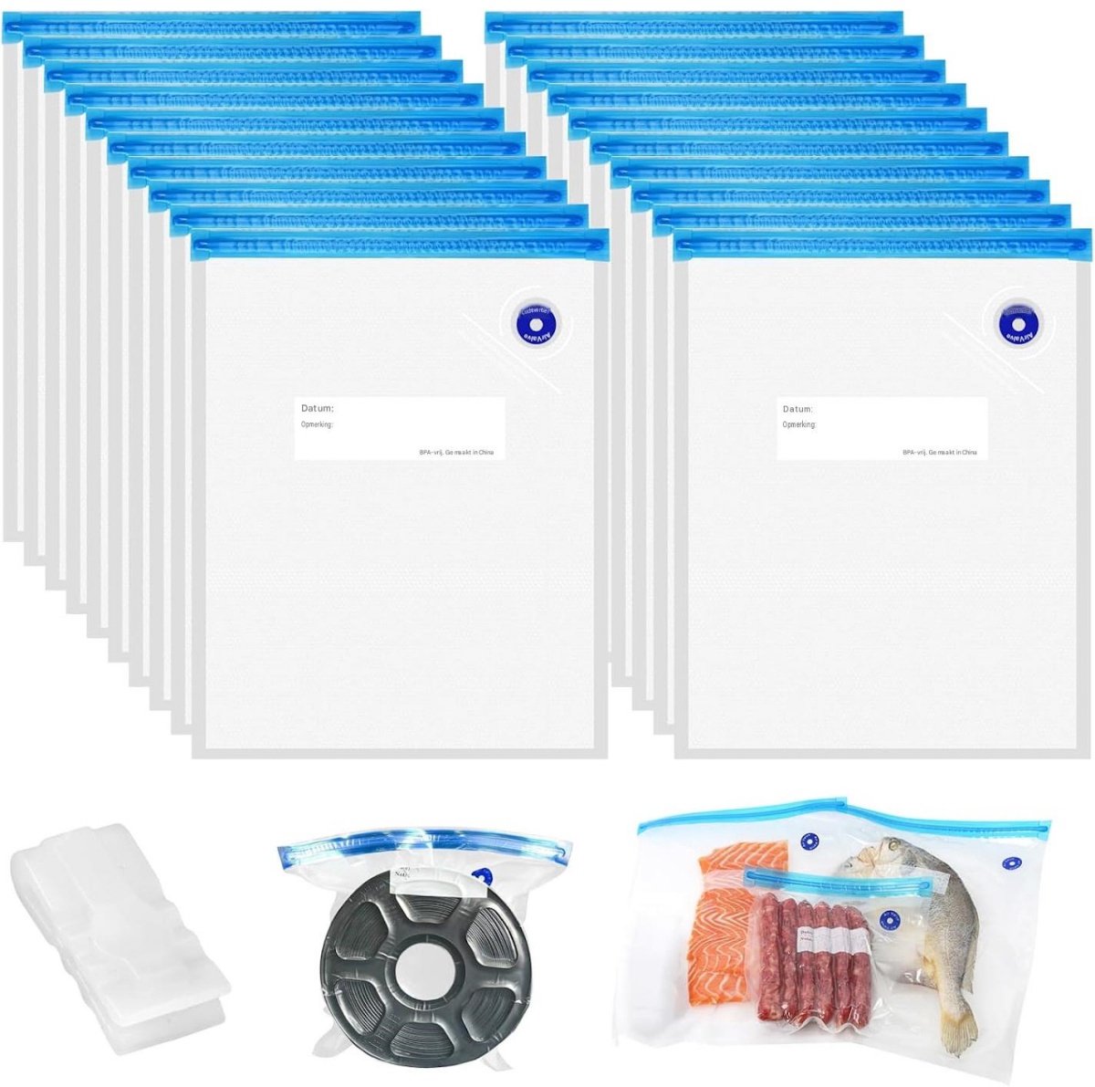SSTRWGOOD Herbruikbare diepvrieszakken voor voedsel - 20 stuks - 30 x 34 cm - met ventiel, ritssluiting en 2 sluitclips - Geschikt voor vacuümzakken voor 3D-printfilament - BPA-vrij - Geschikt voor het bewaren van 3D-printfilament
