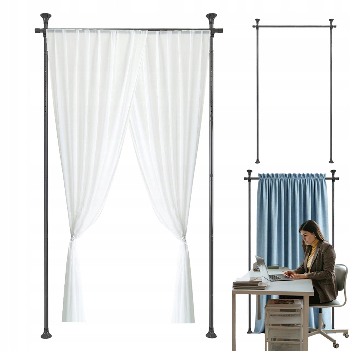 Gordijnroede Uitschuifbaar - Gordijnbeugel Zonder Boren - Deurgordijn Steunstang - 122-320 cm Hoog - 70-182 cm Breed - Snel Monteren - Muurvriendelijk - Metaal - Voor Slaapkamer & Kantoor & Loft
