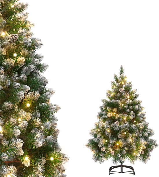 Kunstkerstboom 150 cm met LED Verlichting - Brandvertragend PVC - met Sneeuw en Dennenappels - Metalen Voet - Kerstdecoratie voor Huis en Etalage - NAIZY